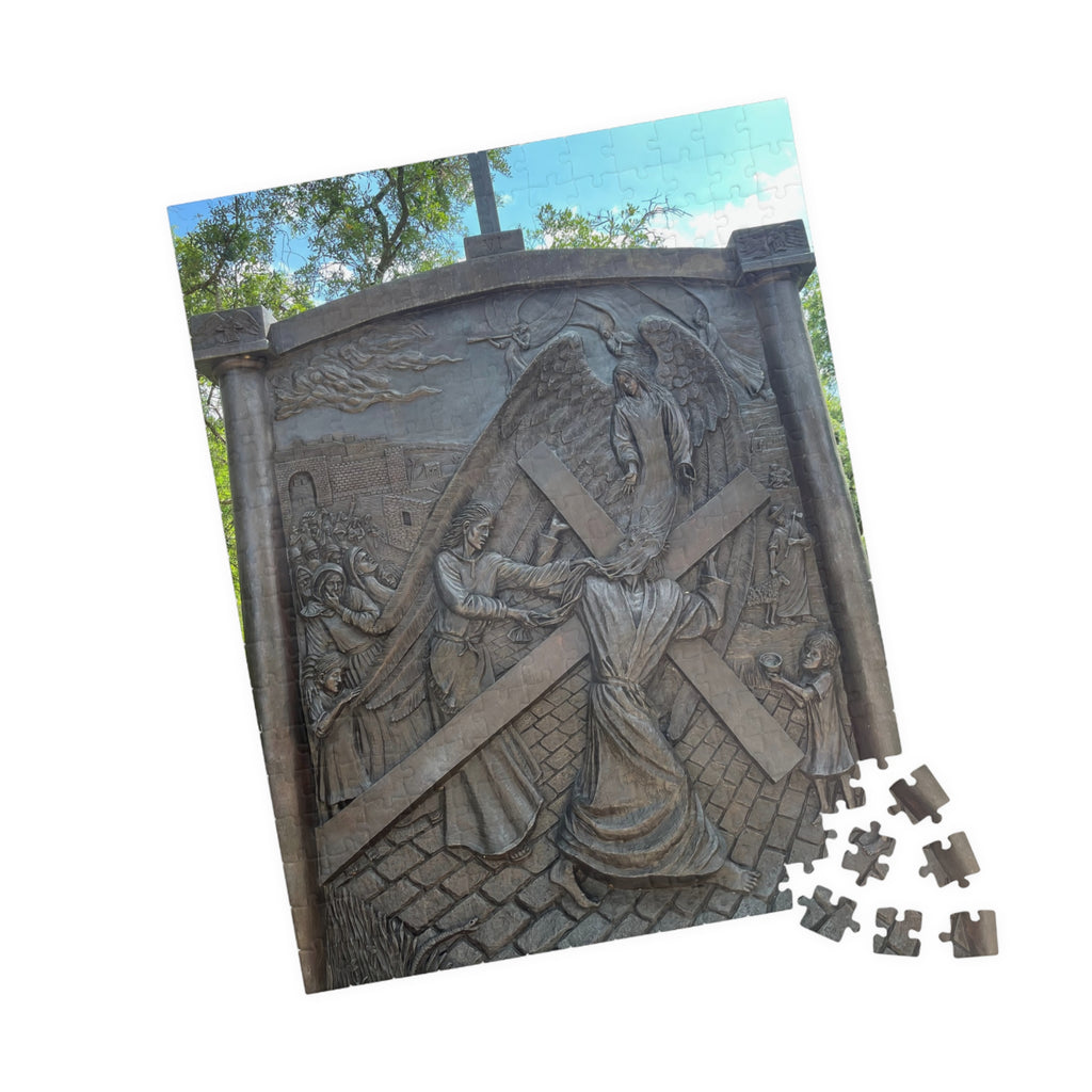 The Sixth Station of the Cross Puzzle, Where Saint Veronica Wipes the Face of Jesus — Wooden Relief Church Art Jigsaw (252–1014 pcs)
