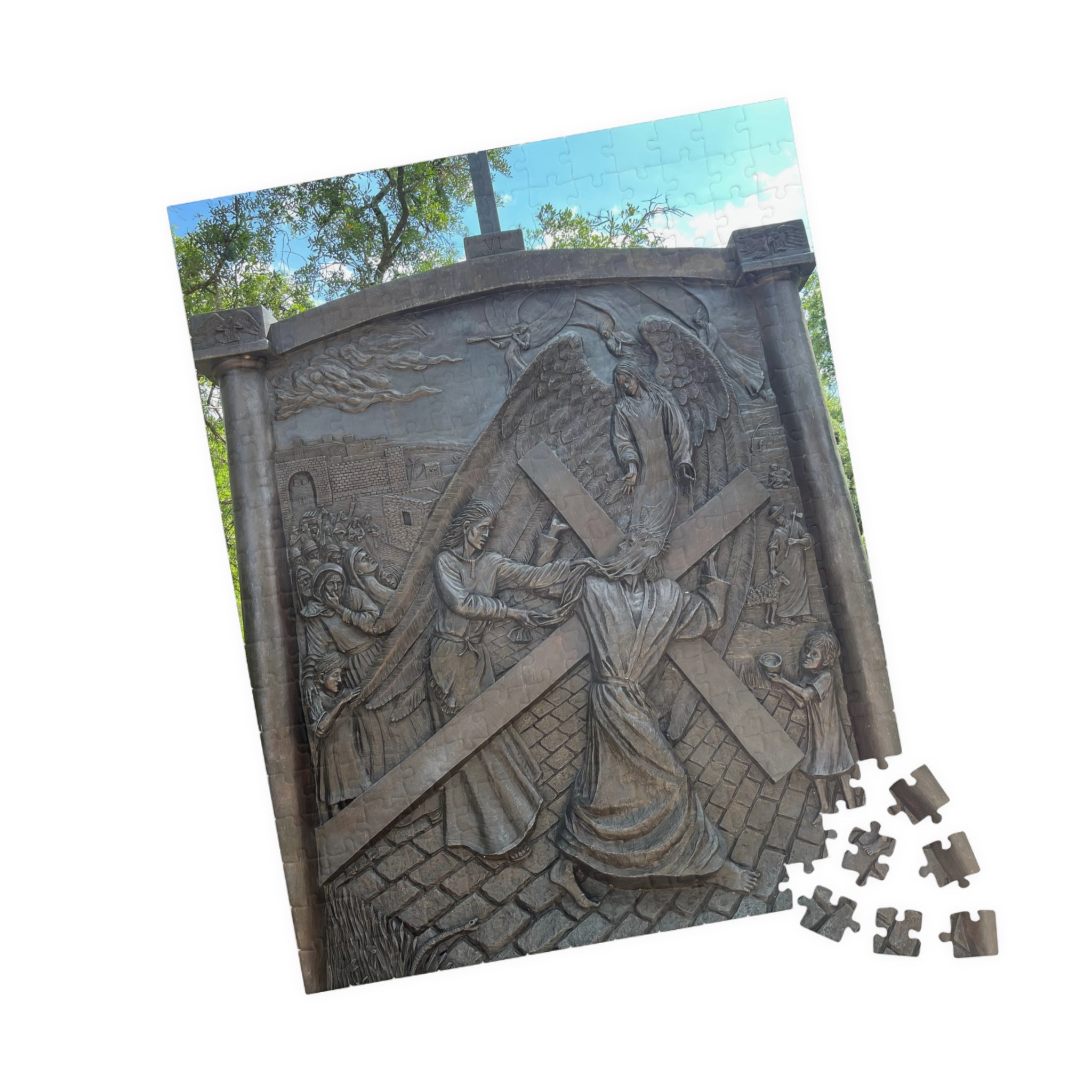 The Sixth Station of the Cross Puzzle, Where Saint Veronica Wipes the Face of Jesus — Wooden Relief Church Art Jigsaw (252–1014 pcs)
